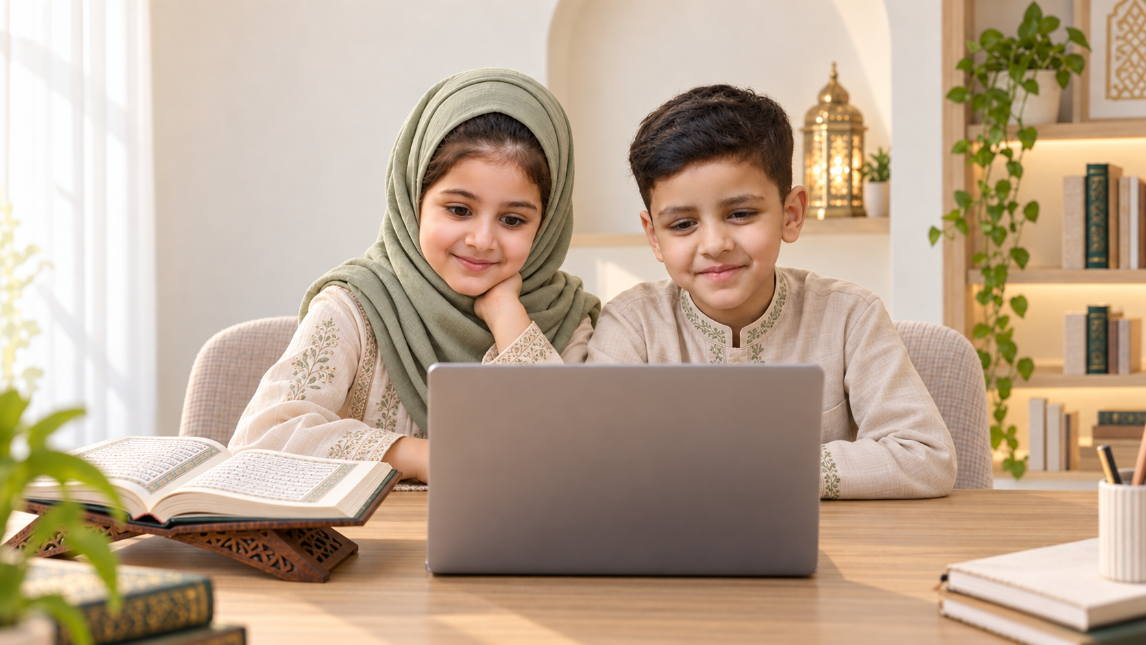 Two children attending an online Quran class on a laptop