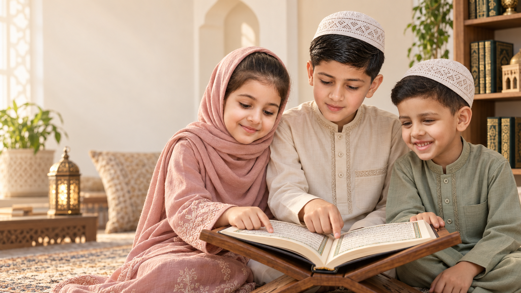 Three children learning the Quran together